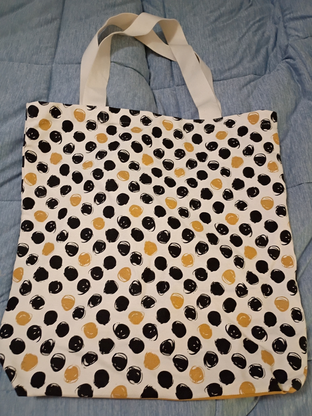 Polka Dot Canvas Tote Bag in White, Black & Yellow
